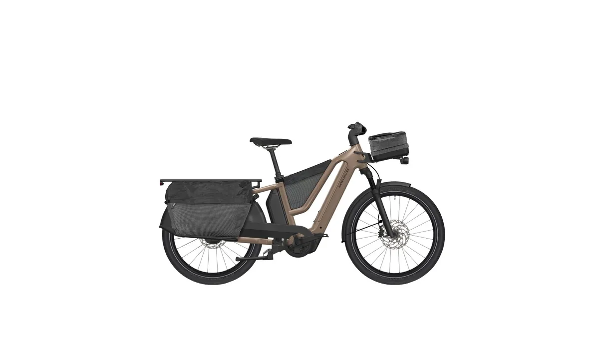 Riese & Müller Multicharger4 vario coloris tierra, équipé du Cargo kit et d'une sacoche avant